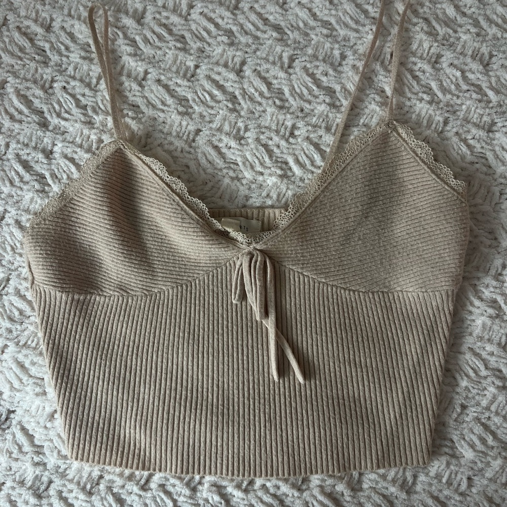 Beige Ribbed Lace Trim Cami Top